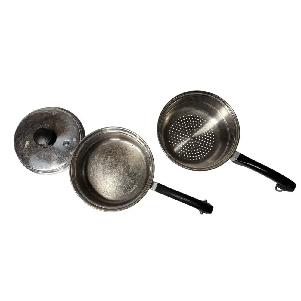 🍲Vintage Saladmaster 3 Pc Multi-Ply Stainless Fry Pot Steamer Double Boiler Lid